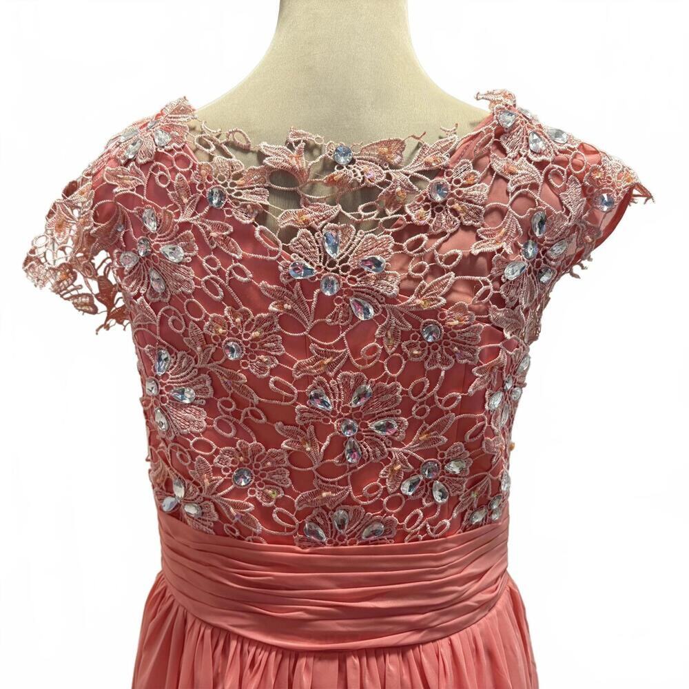 Grecian Coral Rhinestone Lace Pleated Gown Dress Short Sleeve Formal Bridesmaid - Picture 7 of 9